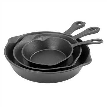 The Bayou Classic Cast Iron 3 piece skillet set.